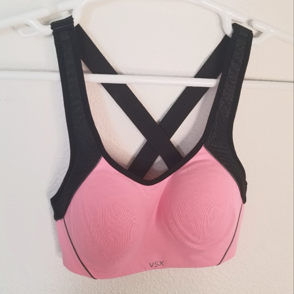 Victoria's Secret Sport Bra VSX 32C Padded Coral Black Adjustable Wide Straps